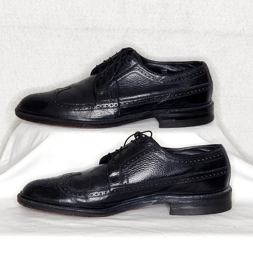 Sears Easy Flex 70128 VTG Black Wing Tip Lace Up Shoes 10.5 Pebbled Leather